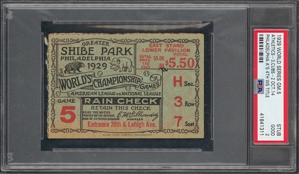 1929 World Series Game 5 Ticket Stub - Philadelphia As Clinch 4th World Series Title - PSA 2 GD